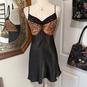 Y2K Gilligan O'Malley Black & Brown Leopard Print Lace Satin Mini Lingerie Slip